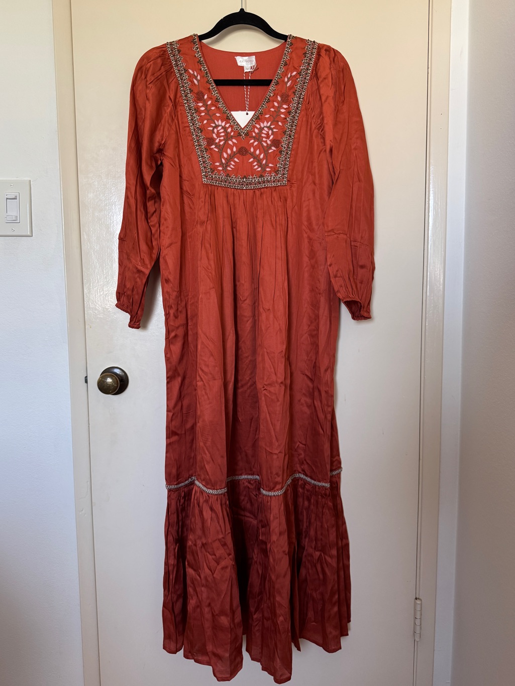 Ex Voto Womens Hazel Maxi Boho Embroidered V-Neck Maxi Dress In Rust Size M Nwt